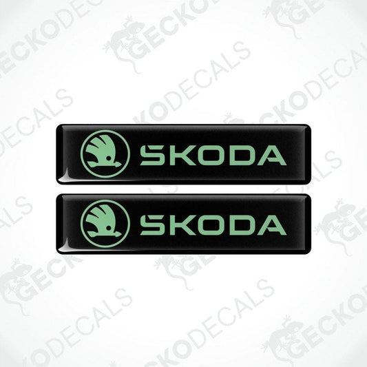 Two Skoda logo decal stickers on a white background with 'Gecko Decals' branding.