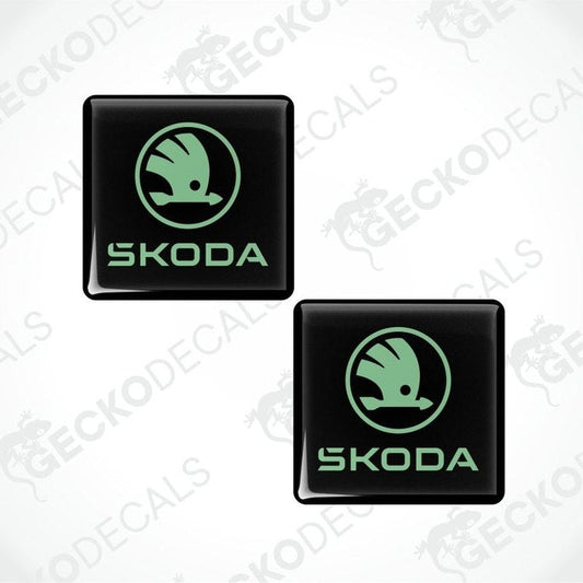 Two Skoda logo stickers on a white background with 'Gecko Decals' branding.