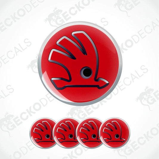 Red and silver logo with a white background