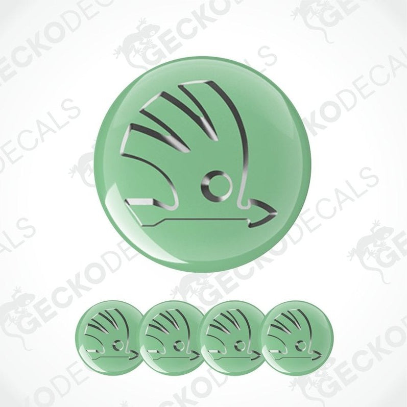 Set of green decals with a logo on a white background