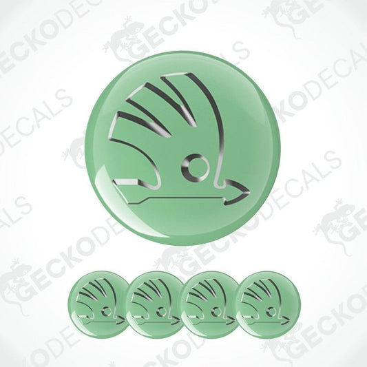 Set of green decals with a logo on a white background
