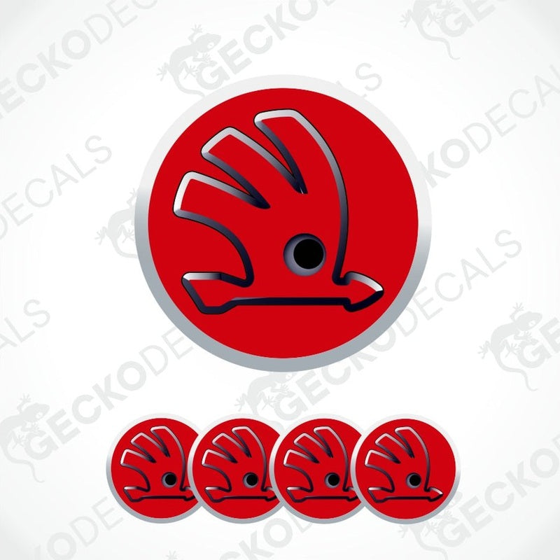 Set of red and silver decals with a logo on a white background