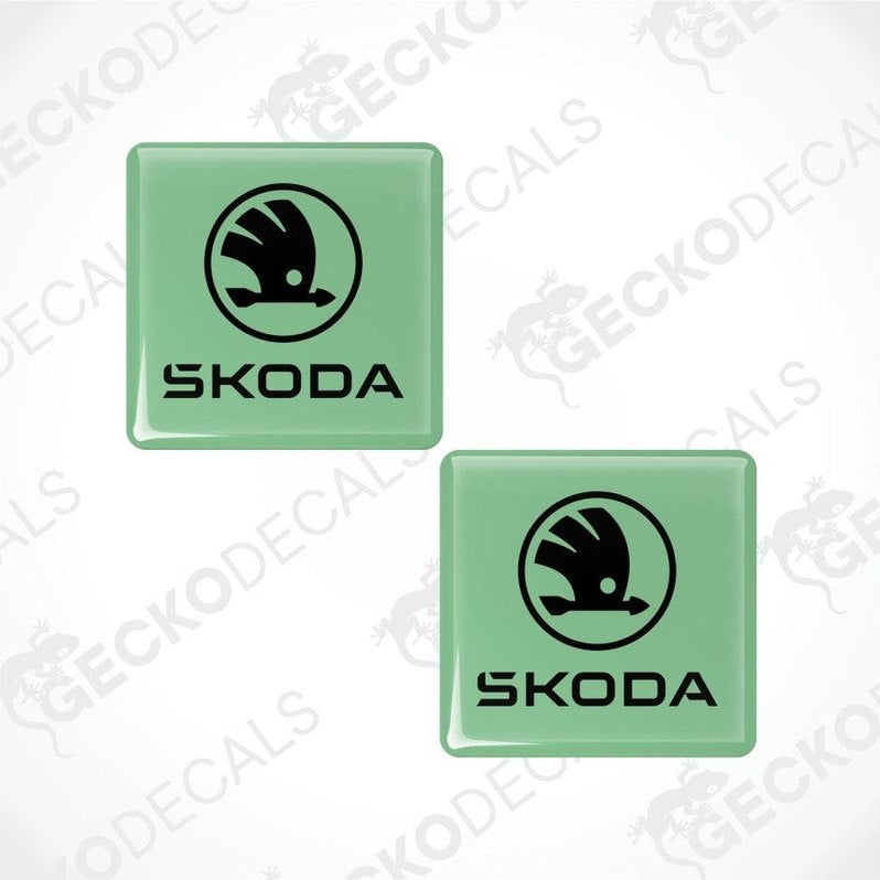 Two green Skoda logo decals on a white background with 'Gecko Decals' branding.