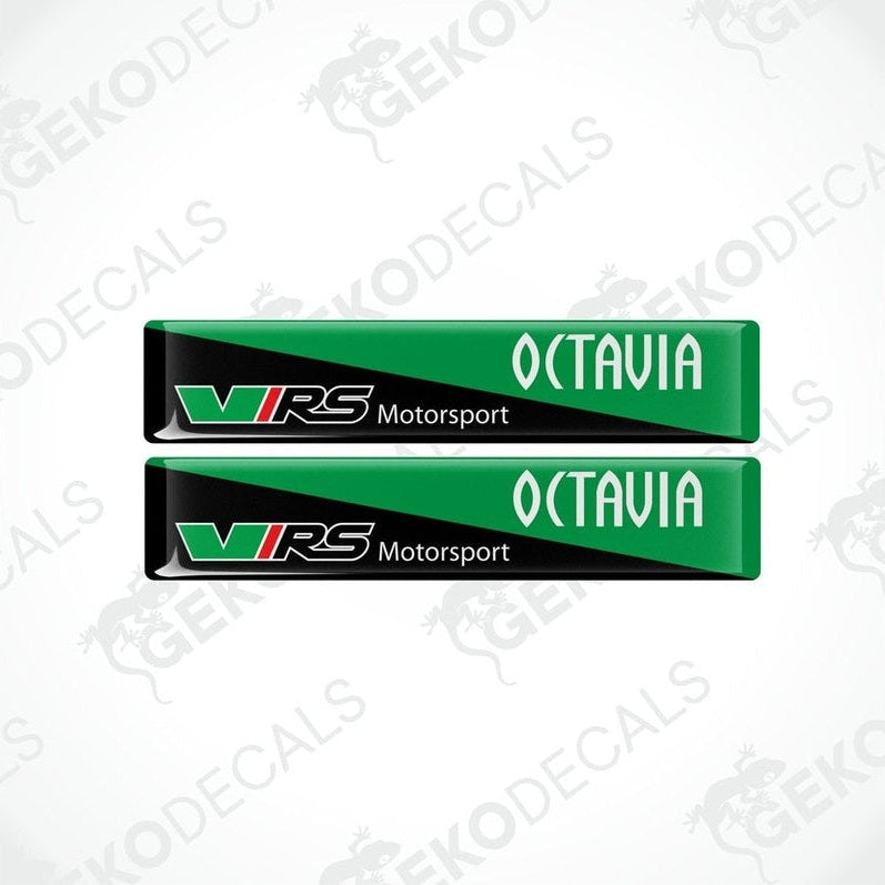 Two black, green, and red vinyl stickers with the text 'OCTAVIA' and 'VRS MOTORSPORT' on a white background.