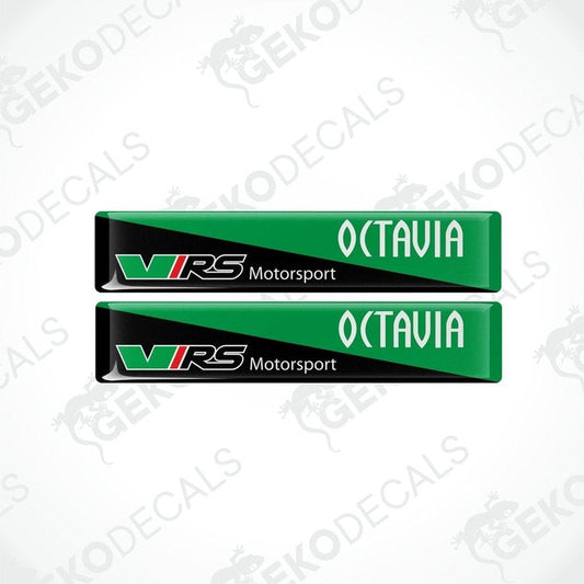 Two black, green, and red vinyl stickers with the text 'OCTAVIA' and 'VRS MOTORSPORT' on a white background.