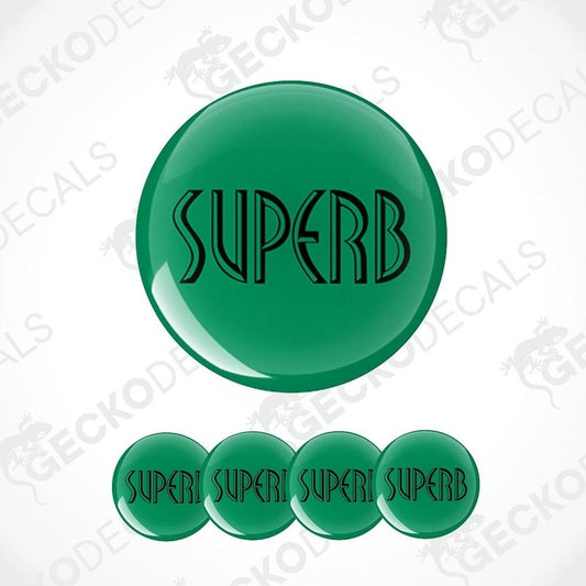 Green circular epoxy decal design with the word 'SUPERB' in stylized black outline lettering.