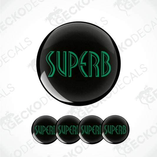 A glossy black circle decal with the word "SUPERB" in green outlined lettering,.