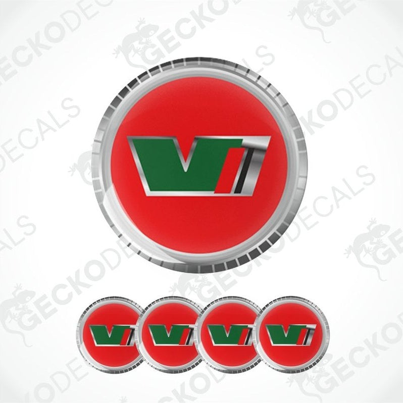 Set of red circular decals with a green and white logo on a white background.