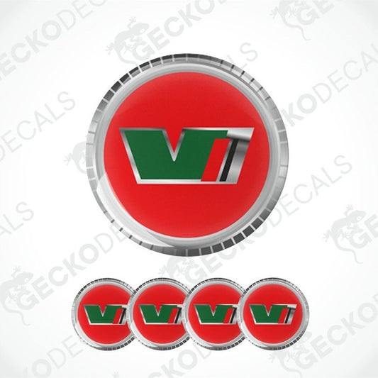 Set of red circular decals with a green and white logo on a white background.