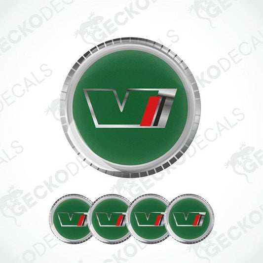 Set of green and silver decals with a logo on a white background.