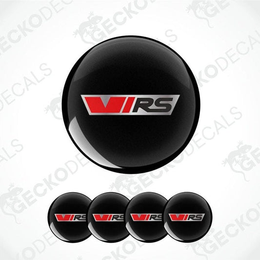 a circle on a black background with the words VRS in red and black in a metal frame in the center car epoxy decal set