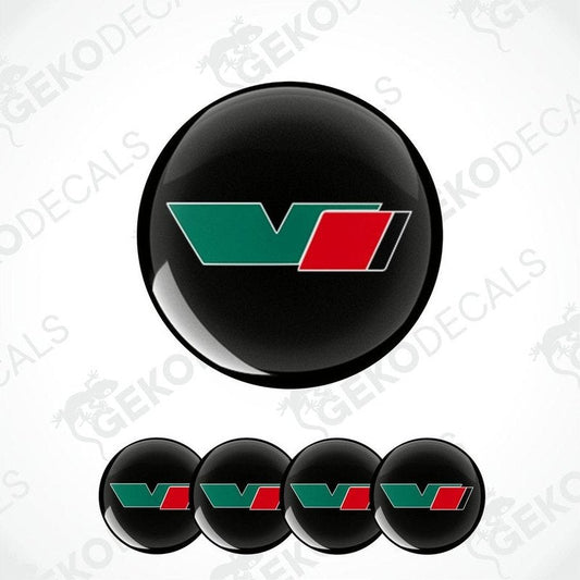 A set of four red, green, and white vinyl stickers with a geometric design, resembling a brand logo, and a black background.