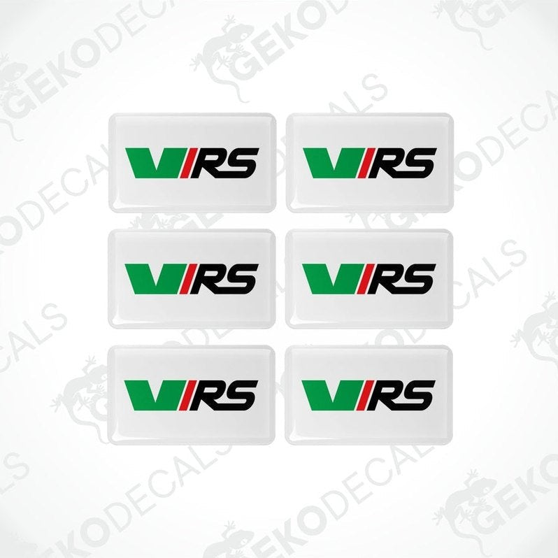 A set of six green, red, and withe vinyl stickers with a geometric design and the brand name ŠKODA VRS.