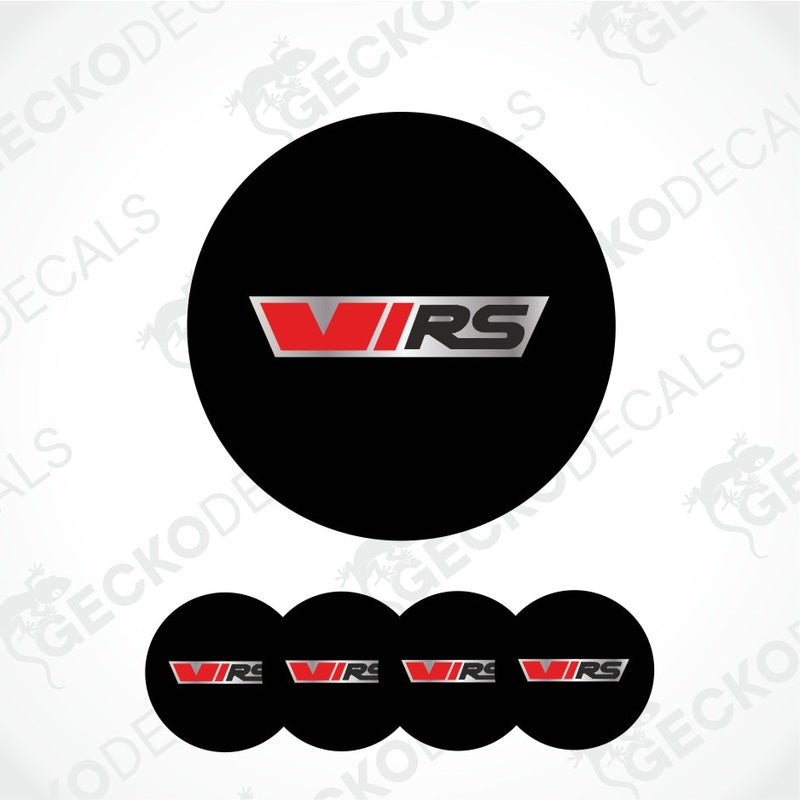 a circle on a black background with the words VRS in red and black in a metal frame in the center