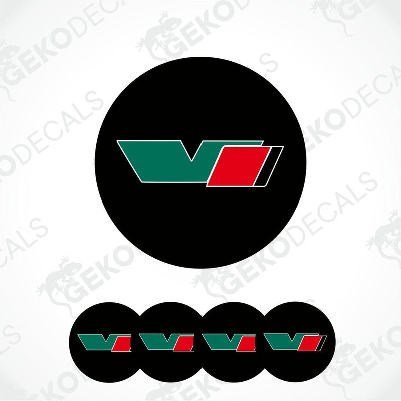 A set of four red, green, and white vinyl stickers with a geometric design, resembling a brand logo, and a black background.
