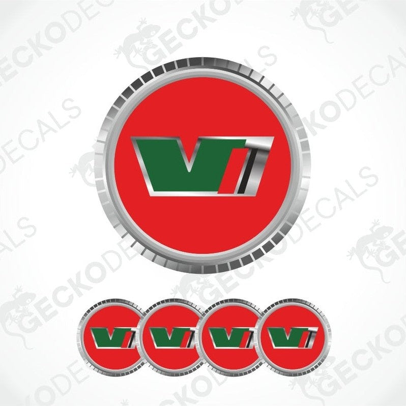 Set of vinyl decals with a red, green, and silver logo on a white background.