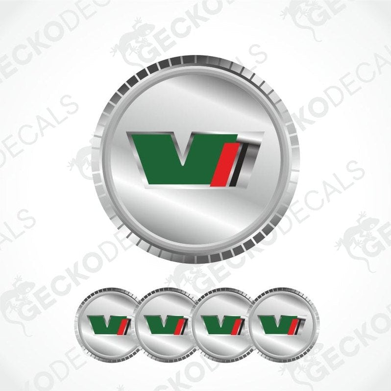 Set of five metallic logos with a central green 'V' design on a white background.