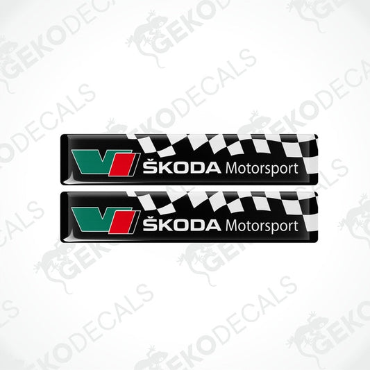 Two vinyl decals with polyurethane coating featuring the SKODA Motorsport logo in black, red, green, and white colors.