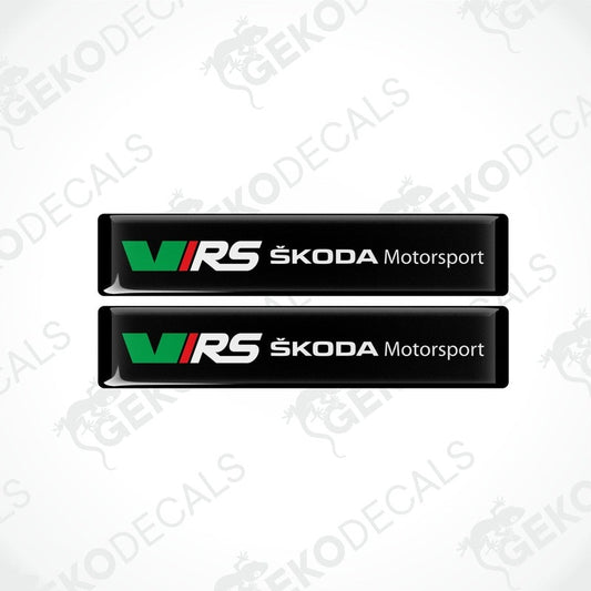 Two black rectangular decals with the logo 'VRS Škoda Motorsport' in white and green.