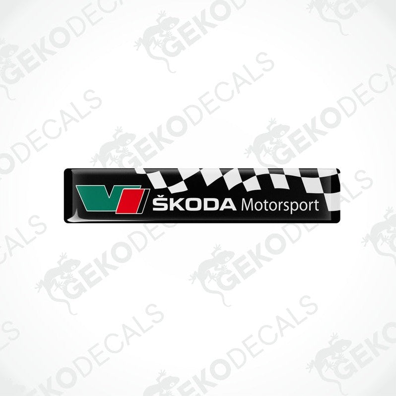 Vinyl decals with polyurethane coating featuring the SKODA Motorsport logo in black, red, green, and white colors.