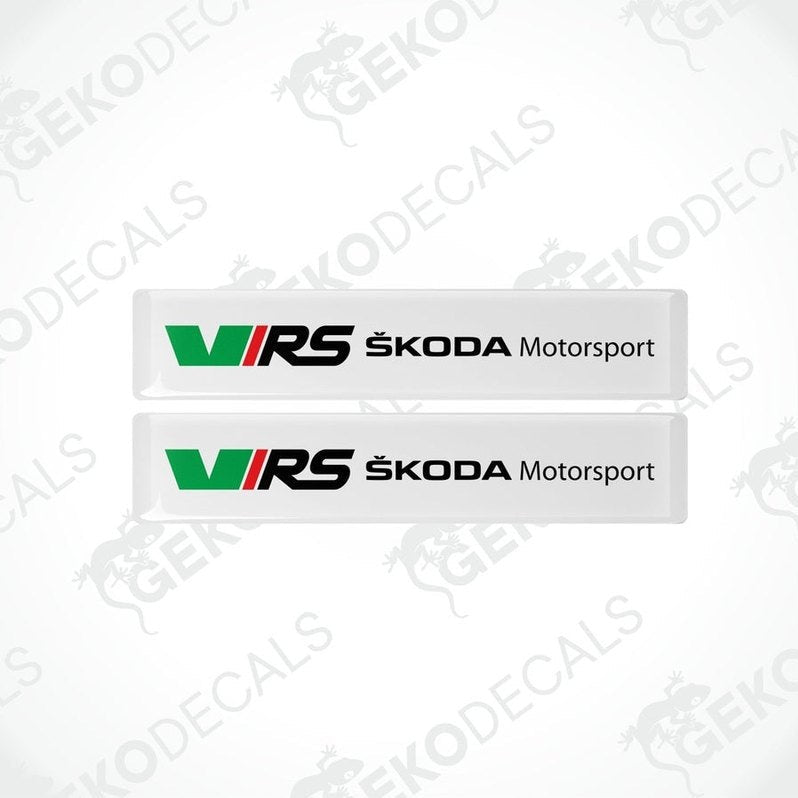 Two withe rectangular decals with the logo 'VRS Škoda Motorsport' in black and green.