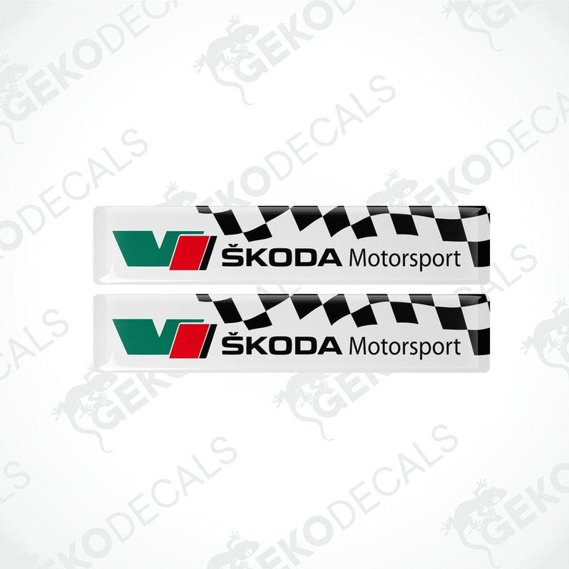 Two vinyl decals with polyurethane coating featuring the SKODA Motorsport logo in withe, red, green, and black colors.