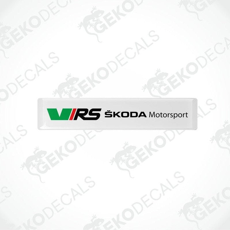 Withe rectangular decals with the logo 'VRS Škoda Motorsport' in black and green.