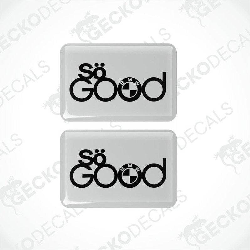 Two rectangular white BMW stickers SÖ GOOD