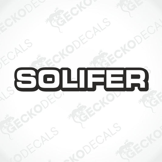 A white die cut sticker with the word 'SOLIFER' in black.