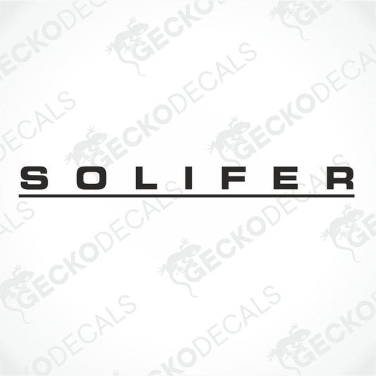 A die cut sticker with the brand name SOLIFER printed in black.