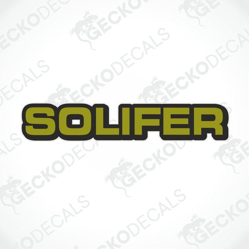 Olive green SOLIFER die-cut sticker with black outline for car or caravan