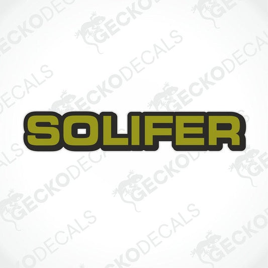 Olive green SOLIFER die-cut sticker with black outline for car or caravan