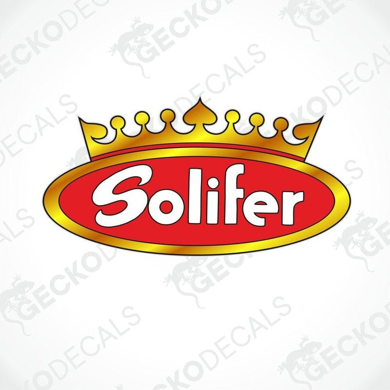 A red and gold die cut sticker with the word 'SOLIFER' in bold letters, accompanied by a crown shape above the text.