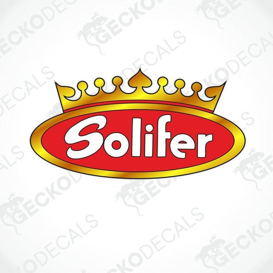 A red and gold die cut sticker with the word 'SOLIFER' in bold letters, accompanied by a crown shape above the text.