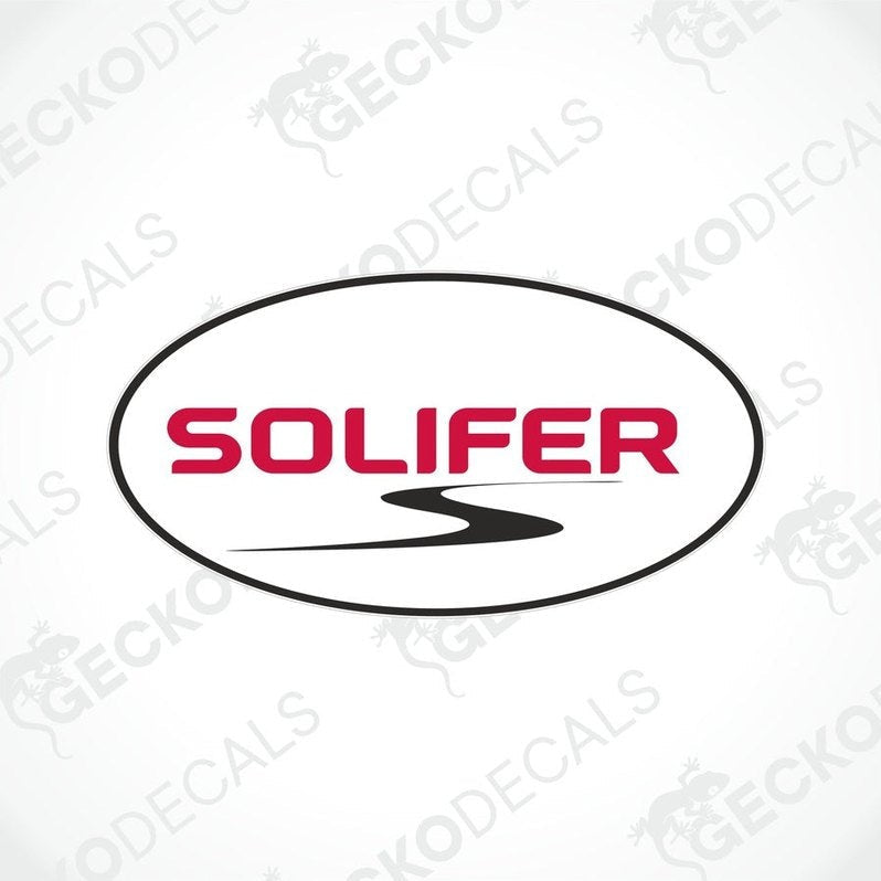 A die cut sticker with a red and white design, featuring the word 'SOLIFER' in bold letters, surrounded by a black border and a decorative element on the side.