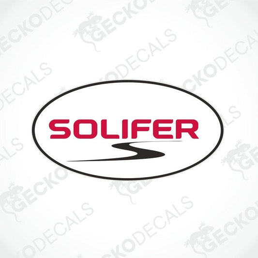 A die cut sticker with a red and white design, featuring the word 'SOLIFER' in bold letters, surrounded by a black border and a decorative element on the side.