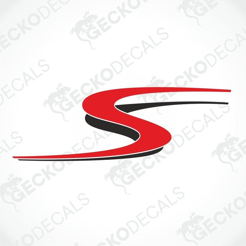A red and black 'S' shaped die cut sticker on a white background, intended for use as a car decal.