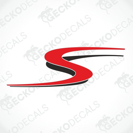 A red and black 'S' shaped die cut sticker on a white background, intended for use as a car decal.