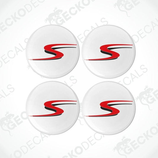 Set of four red S logo epoxy resin caravan decals with domed polyurethane finish