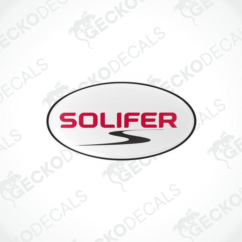 SOLIFER epoxy resin decal with domed finish and red lettering