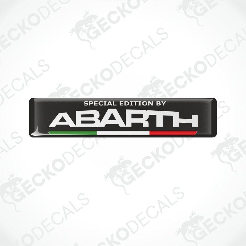 Vinyl decals with polyurethane coating featuring the text 'SPECIAL EDITION BY Abarth' on a black background with the Abarth logo and the Italian flag colors.