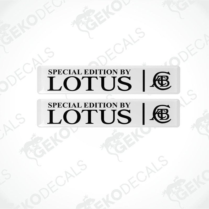 Two white rectangular vinyl decals with the text 'SPECIAL EDITION by Lotus' on them.