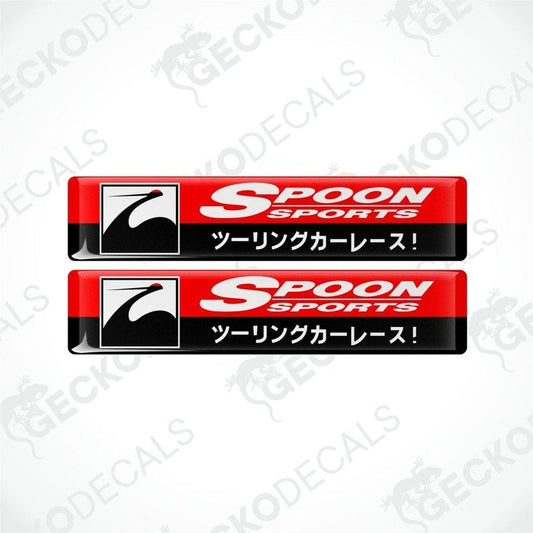 Two red, black, and white vinyl decals with the Spoon Sports logo and text