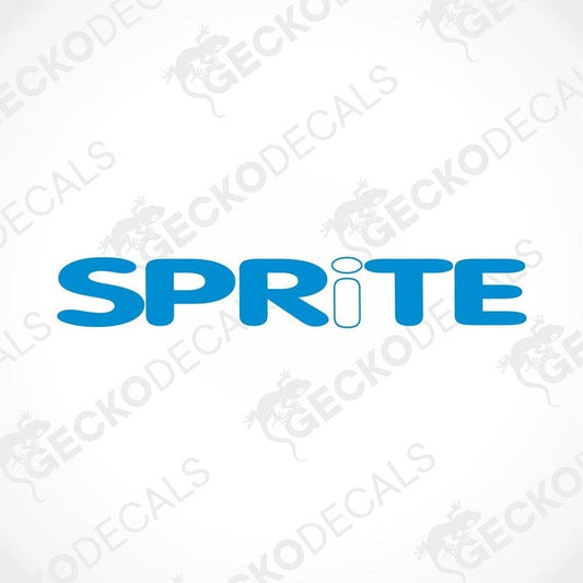 A blue die cut decal with the word 'SPRITE' printed on it, delivered on a white background with a Gecko Decals logo.