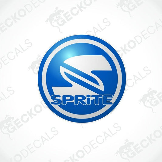 Blue and white circular Sprite decal with glossy lamination for caravan interior or exterior