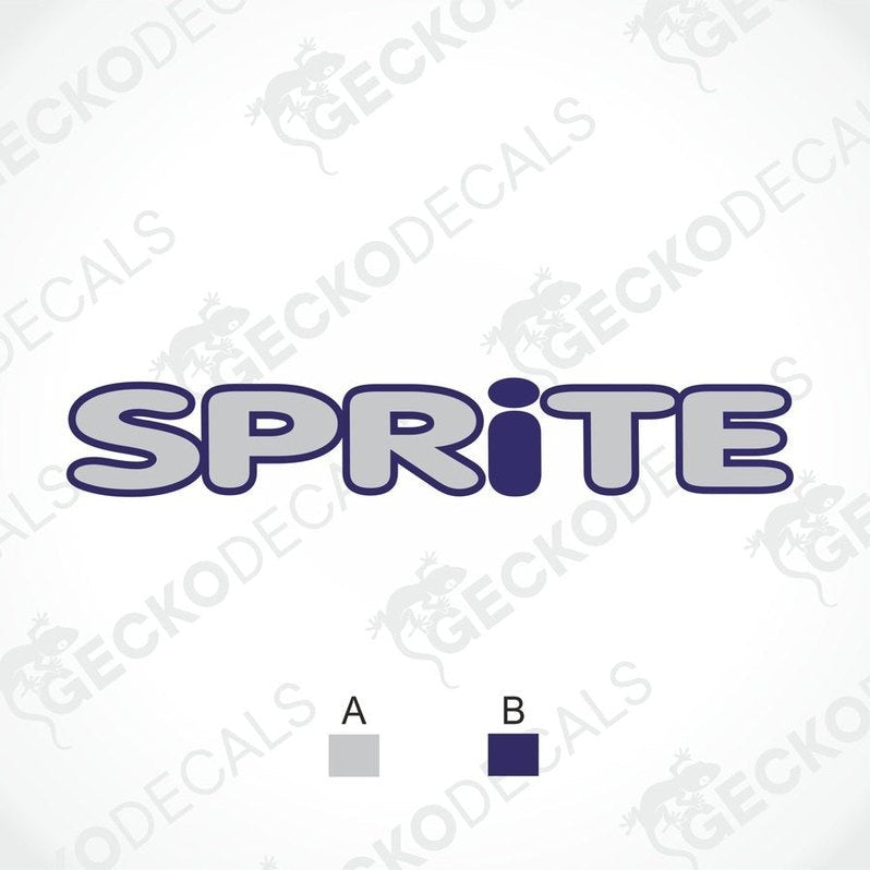 A purple and white diecut decal with the word 'SPRITE' displayed. The image shows the decal from different angles, including the front and a detail of the back.