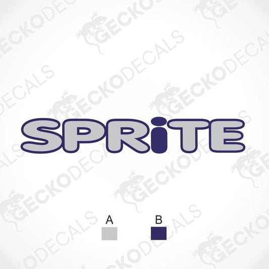 A purple and white diecut decal with the word 'SPRITE' displayed. The image shows the decal from different angles, including the front and a detail of the back.