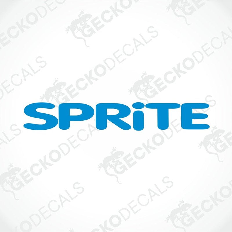 A blue and white die cut decal with the word 'SPRITE' displayed on a white background. The decal has a Gecko Decals logo.