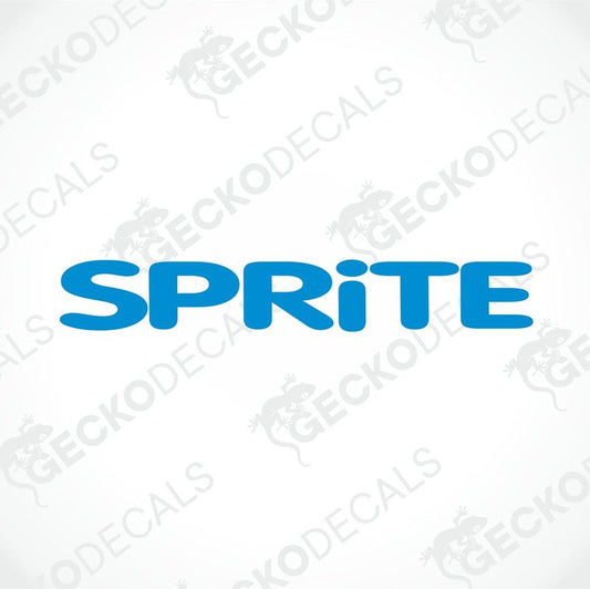 A blue and white die cut decal with the word 'SPRITE' displayed on a white background. The decal has a Gecko Decals logo.