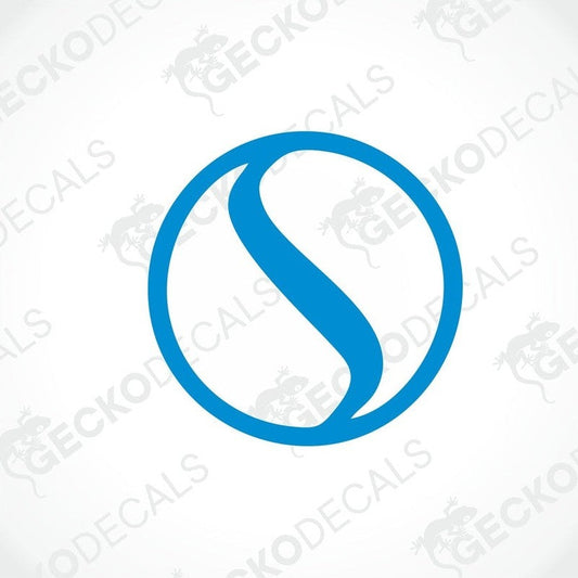 A blue circular decal with the letter 'S' inside it, indicating a brand or logo design.